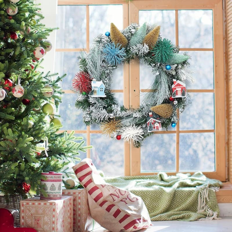 24" Snow Frosted Christmas Wreath for Front Door Home Decor - N/A