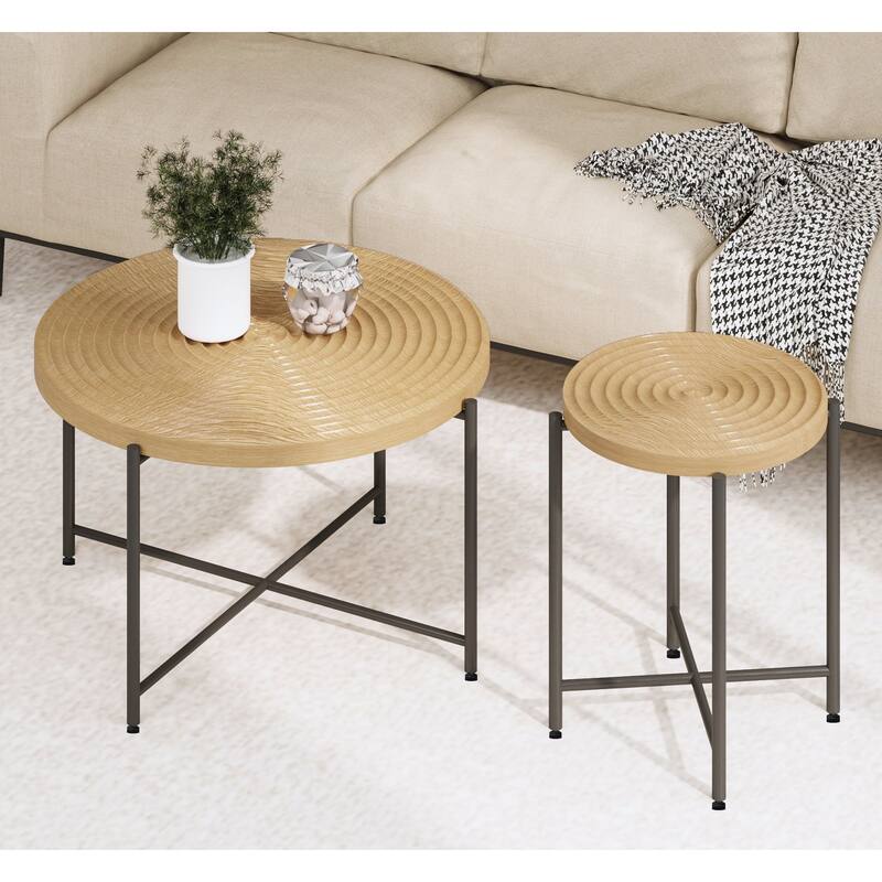 2-Piece Coffee and End Table Set - Waterproof MDF with PVC Cover, Distressed Cylindrical Design