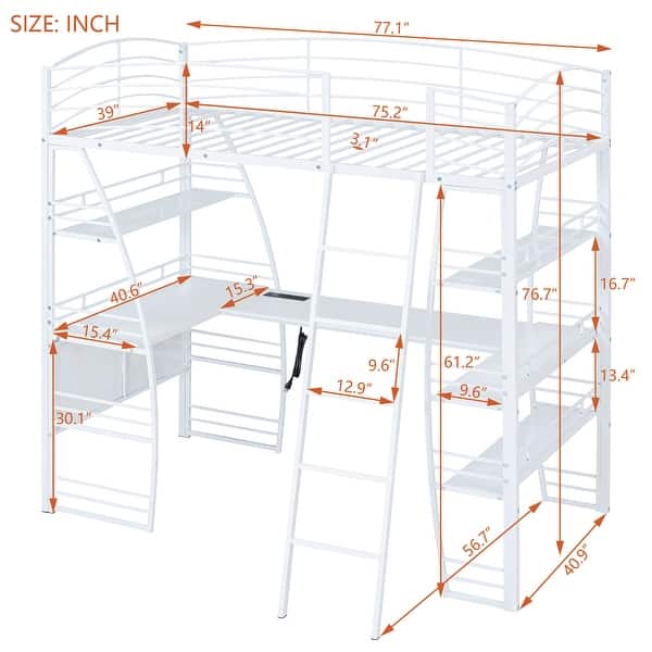 dimension image slide 1 of 2, Twin Size Loft Bed with 4 Layers of Shelves and L-shaped Desk,Stylish Metal Frame Bed with a set of Sockets,USB Ports,White