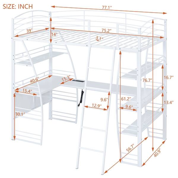 White Metal Loft Bed with 4 Layers of Shelves, L-Shaped Desk, Sockets, USB Ports, Wireless Charging