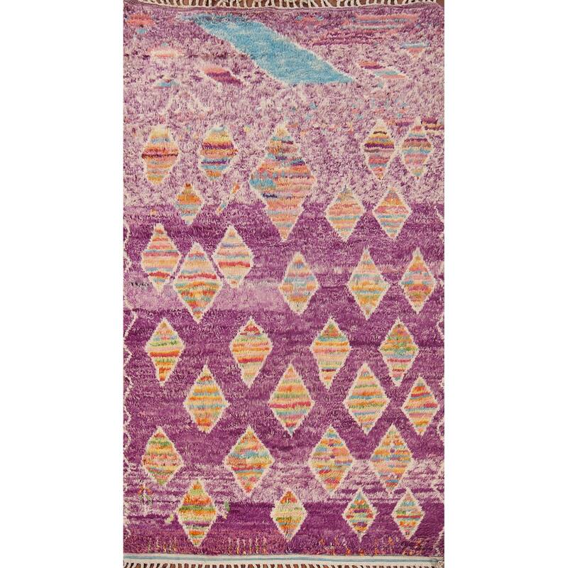 Geometric Purple Moroccan Abstract Area Rug Hand-Knotted Wool Carpet - 5'8"x 10'3"
