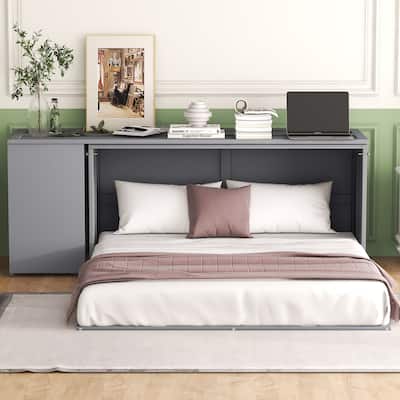 Grey Queen Murphy Bed in Pine Wood & MDF with Rotating Desk and Storage Shelves