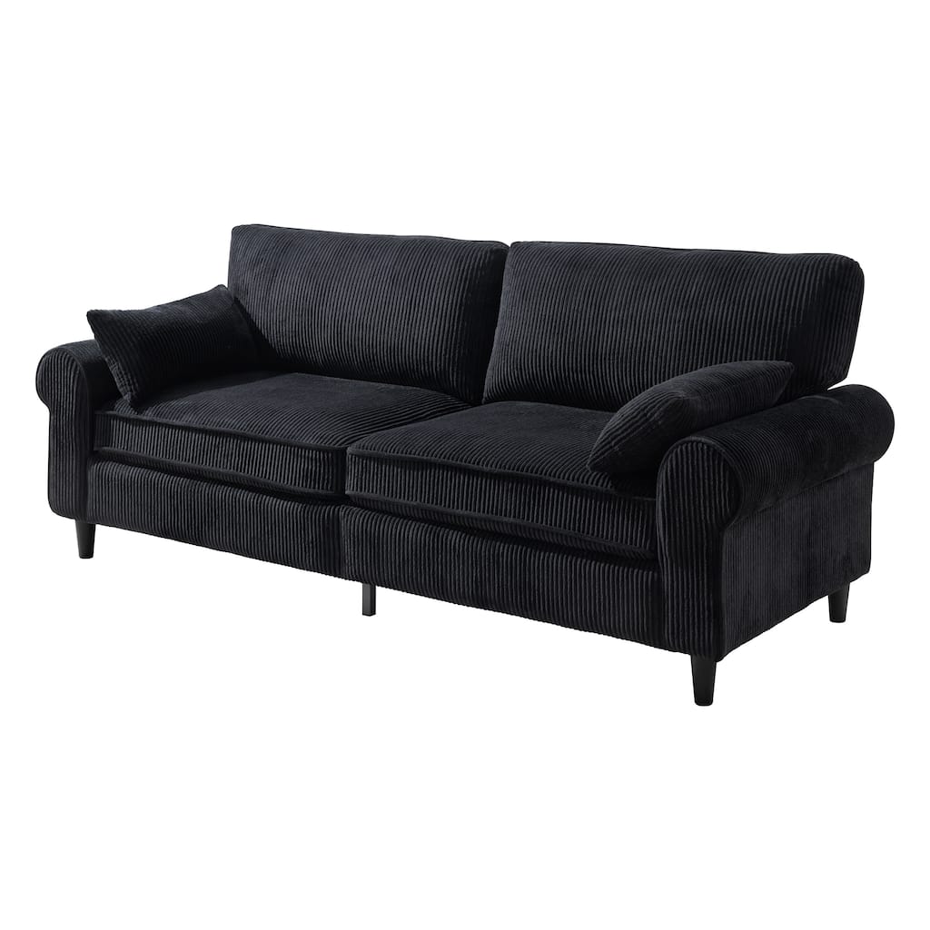 Black Corduroy Loveseat Sofa 2-Seater Couch with Rolled Armrests, Modern Upholstered Sofa for Living Room