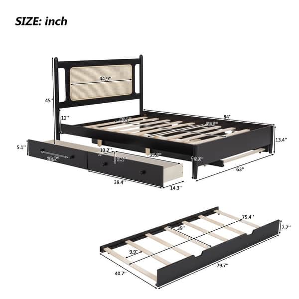 dimension image slide 0 of 3, Queen Size Wooden Rattan Platform Bed, with 2 Big Drawers, T Size Trundle