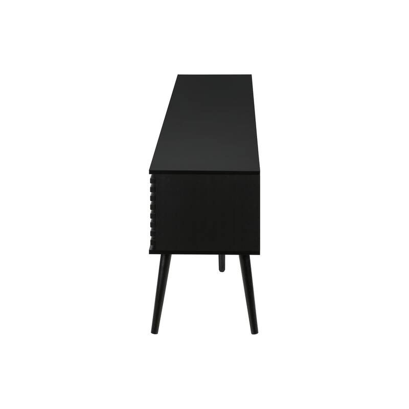 72-Inch TV Stand, Black Laminate, Solid Wood Legs, Media Console with Sliding Doors & Storage Shelves for Living Room