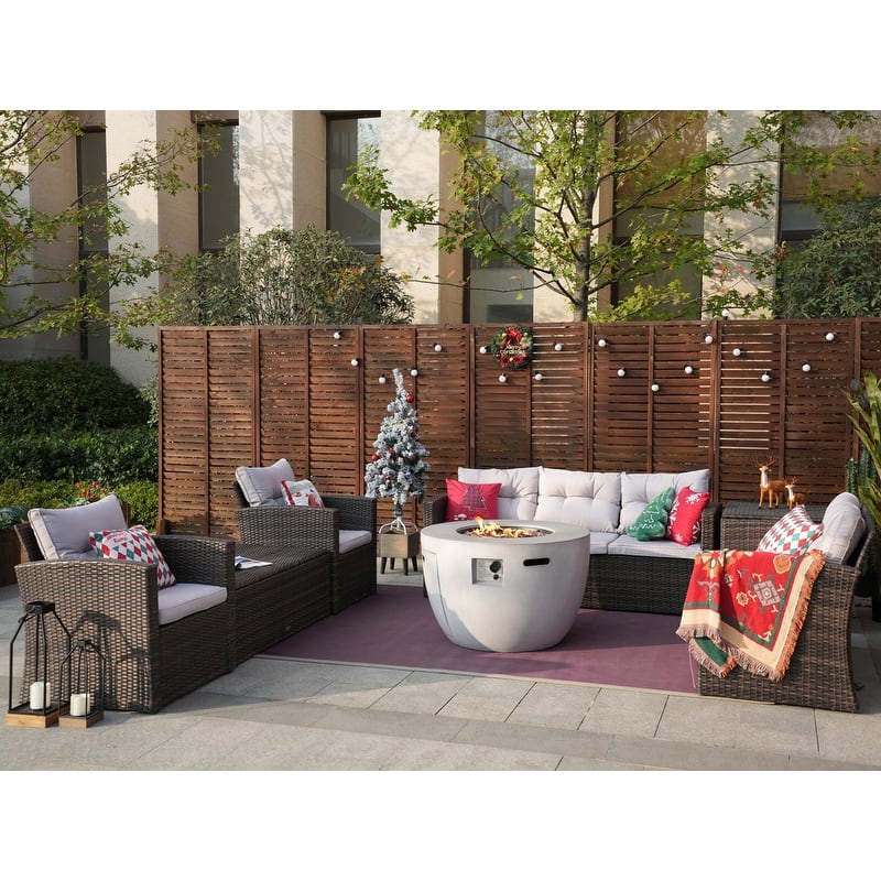 7-Piece Outdoor Rattan Conversation Sofa Set with Fire Pit Table