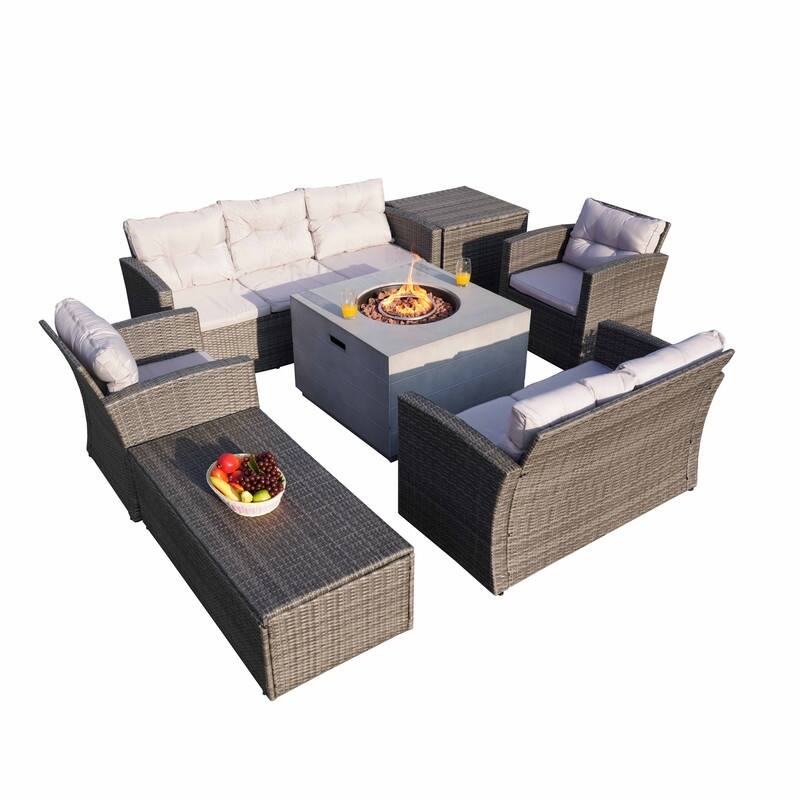7-Piece Outdoor Wicker Conversation Sofa Set with Fire Pit - Square grey table (W34.5"xD34.5"xH23.8")