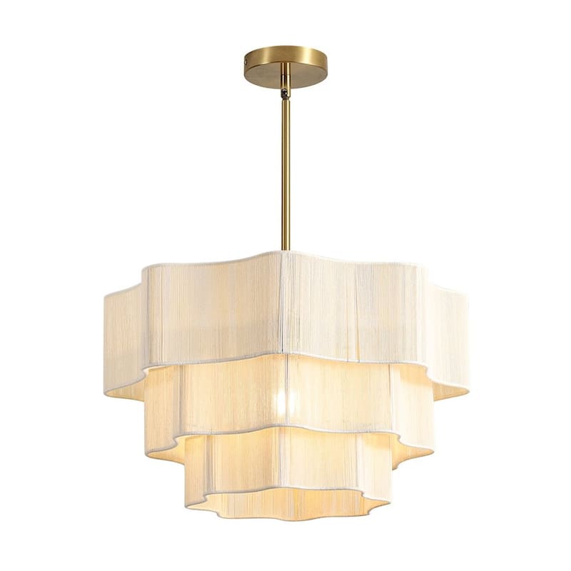 Woven Ivory String 3-Tier Round Lantern Chandelier 19.7in Brass