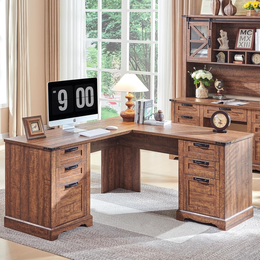 60" Farmhouse L Shaped Executive Desk, Wood Corner Desk, Computer Desk