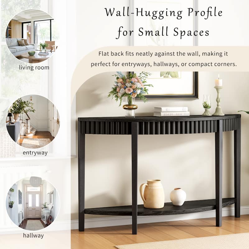 Roomfitters 55'' Elegant Half-Moon Entryway Table with Wood Veneer and Open Shelf, Stylish Console for Hallway or Foyer, Black