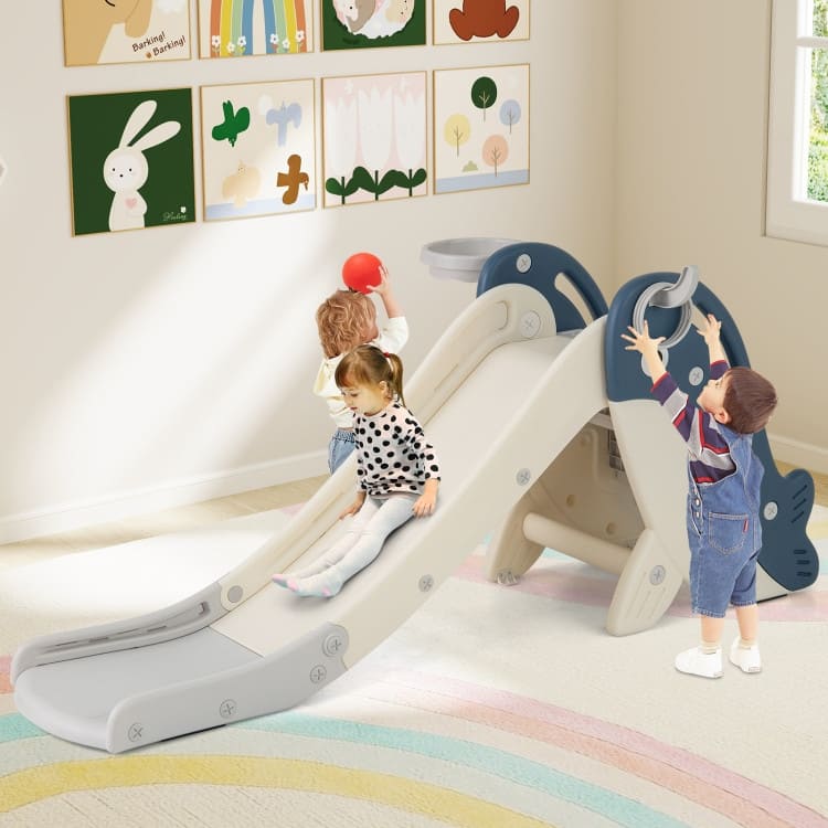 Foldable Freestanding Baby Slide Climber Playset with Basketball Hoop for Kids-Blue - Multi