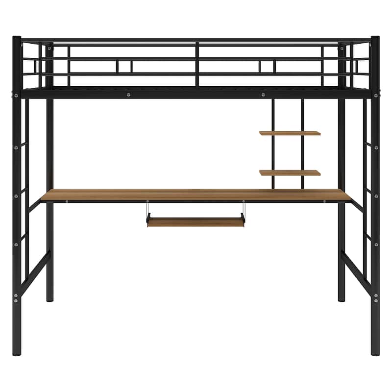 Metal Loft Bed with Desk and Shelf , Space Saving Design for Kids, Bedroom