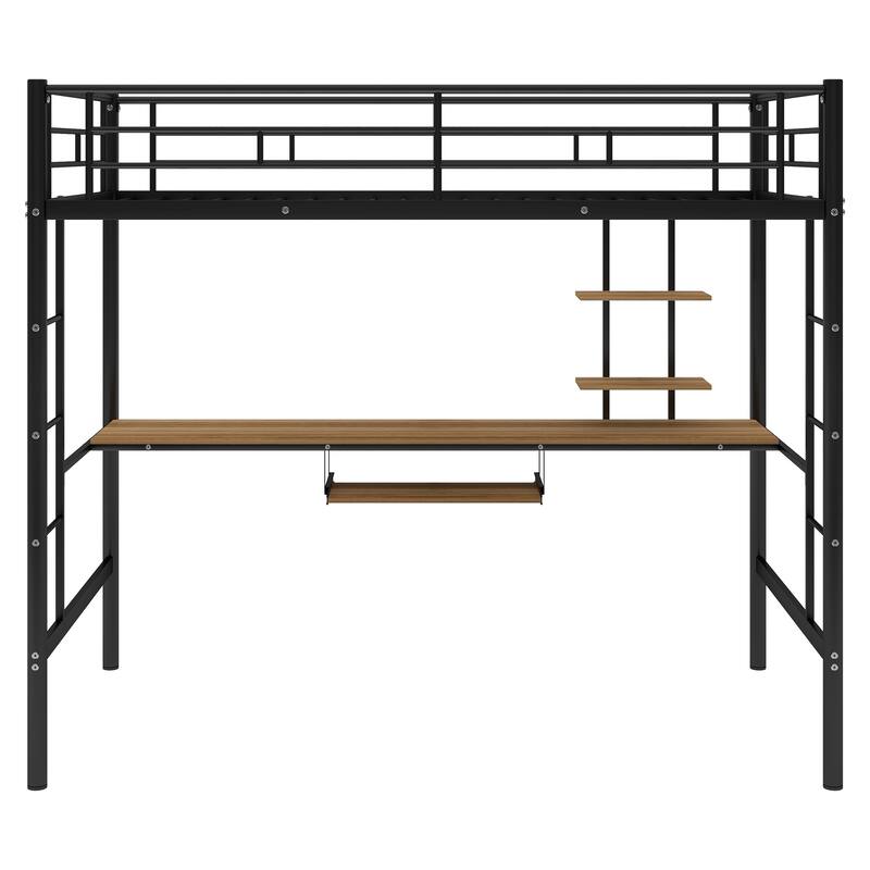 Stylish Loft Bed with Desk & Shelves, Space Saving Sturdy Metal Loft Bed Frame with Safety Guardrails & Ladders