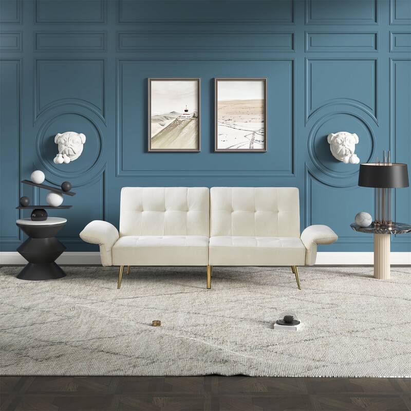 Velvet Futon Sofa Bed with Folded Armrests