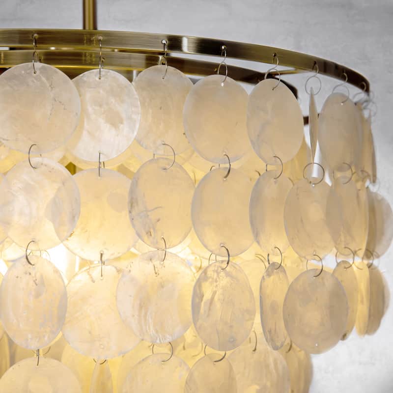 CraftHome 3-Lights Unique Natural Coastal Antique Bronze Tiered Capiz Shell Chandelier for Living Room - W18''