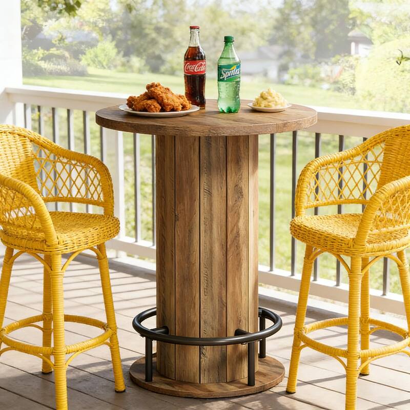Round Bar Table with Fence-Style Base, Wood Cocktail Table Pub Table with Footrest, Coffee Table Kitchen Dining Table