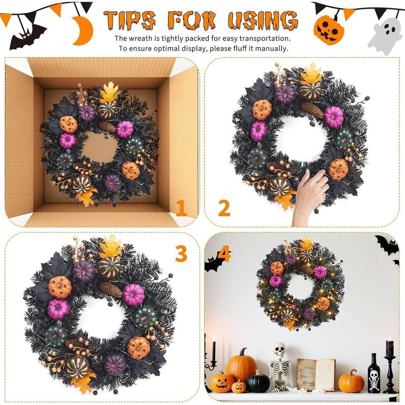 20 Inch Lighted Pumpkin Black Branch Wreath for Window Porch Party Decor - N/A
