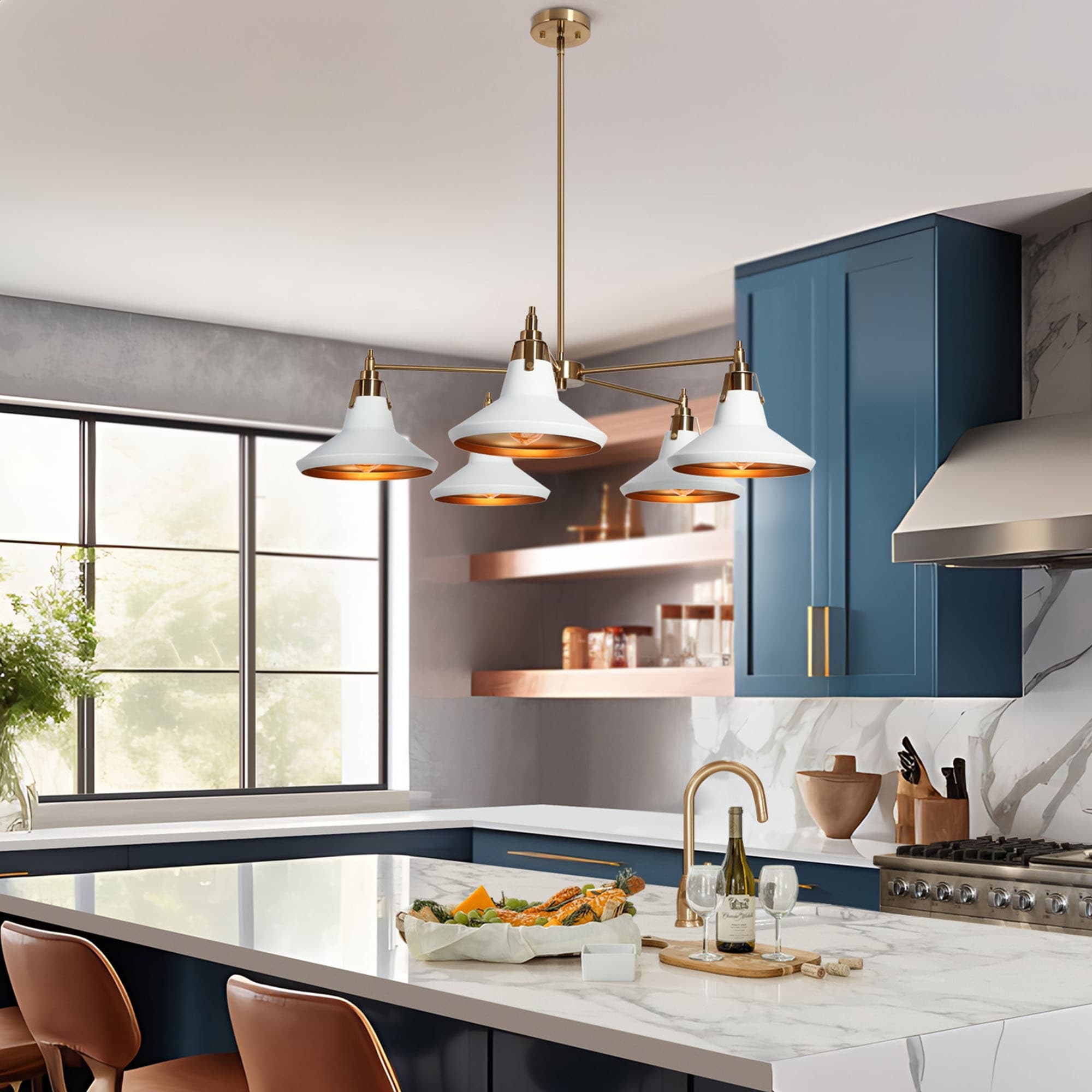 Modern 5 Light Gold Wagon Wheel Chandelier White Metal Shade Pendant Lights for Dining Room 33 D x 9 H On Sale Bed Bath Beyond 37970594