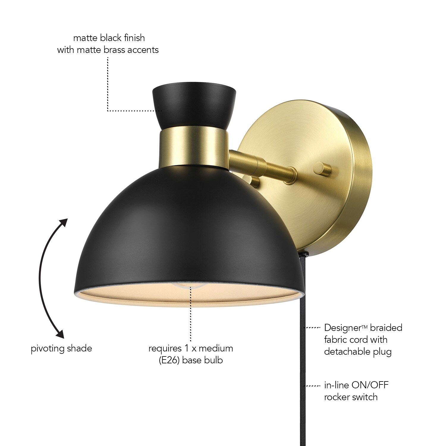 1 Light Matte Brass Plug In or Hardwire Wall Sconce with Matte Black Pivoting Metal Shade 8.75 Bed Bath Beyond 41232507