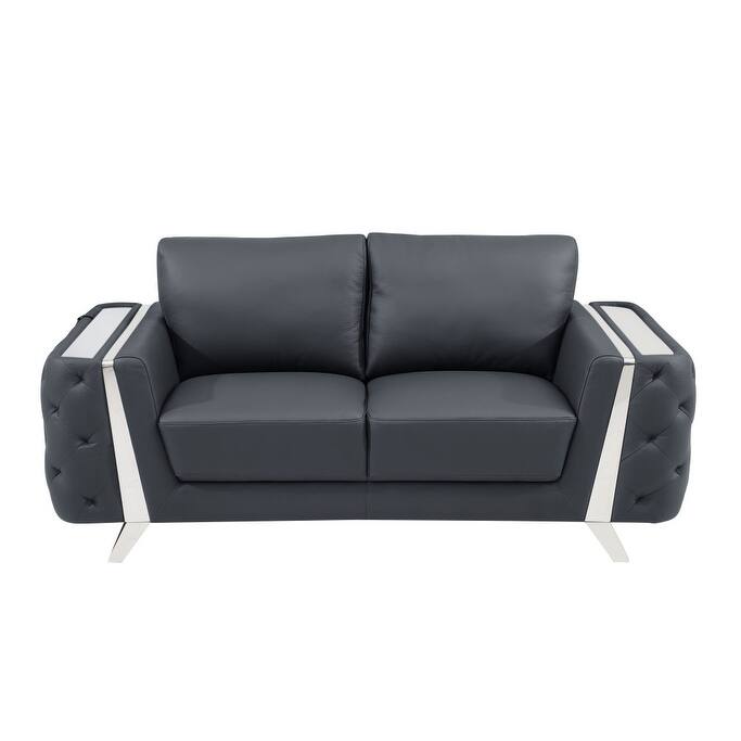HomeRoots 72" Dark Gray And Silver Genuine Leather Loveseat