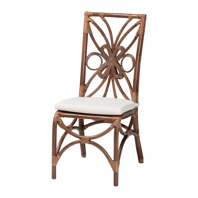 Brama Natural Rattan Dining Chair with Decorative Backrest and Cushioned Seat, Boho Coastal Style Seating for Dining Room - Light Brown