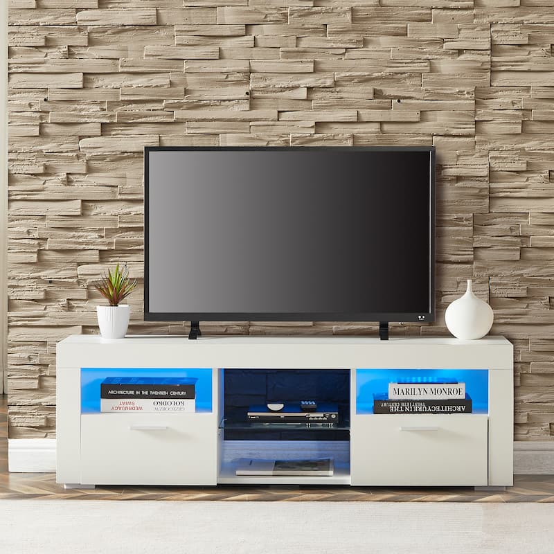 White 51.2" TV Stand with LED Lights and 2 Large Storage Drawer for TVs Up to 55"