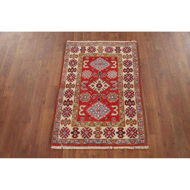 Hand Knotted Oriental 100% Wool Carpet Traditional Geometric Red Kazak Area Rug - 3' 0'' X 2' 1''