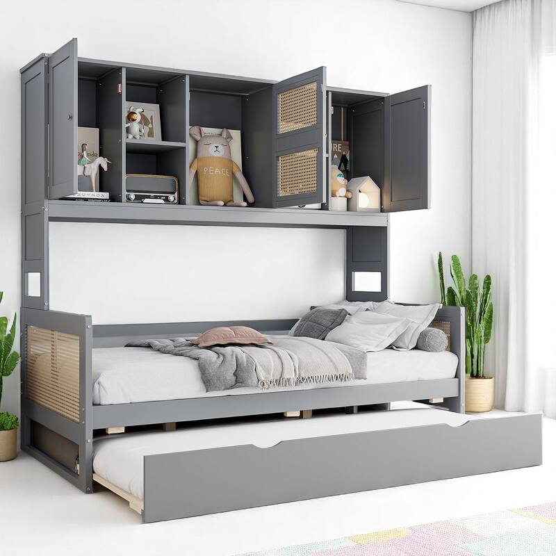 Wooden Twin/Full Daybed with Trundle Bed, Storage Shelves and Cabinet, No Box Spring Required, Rattan Design - Grey - Twin