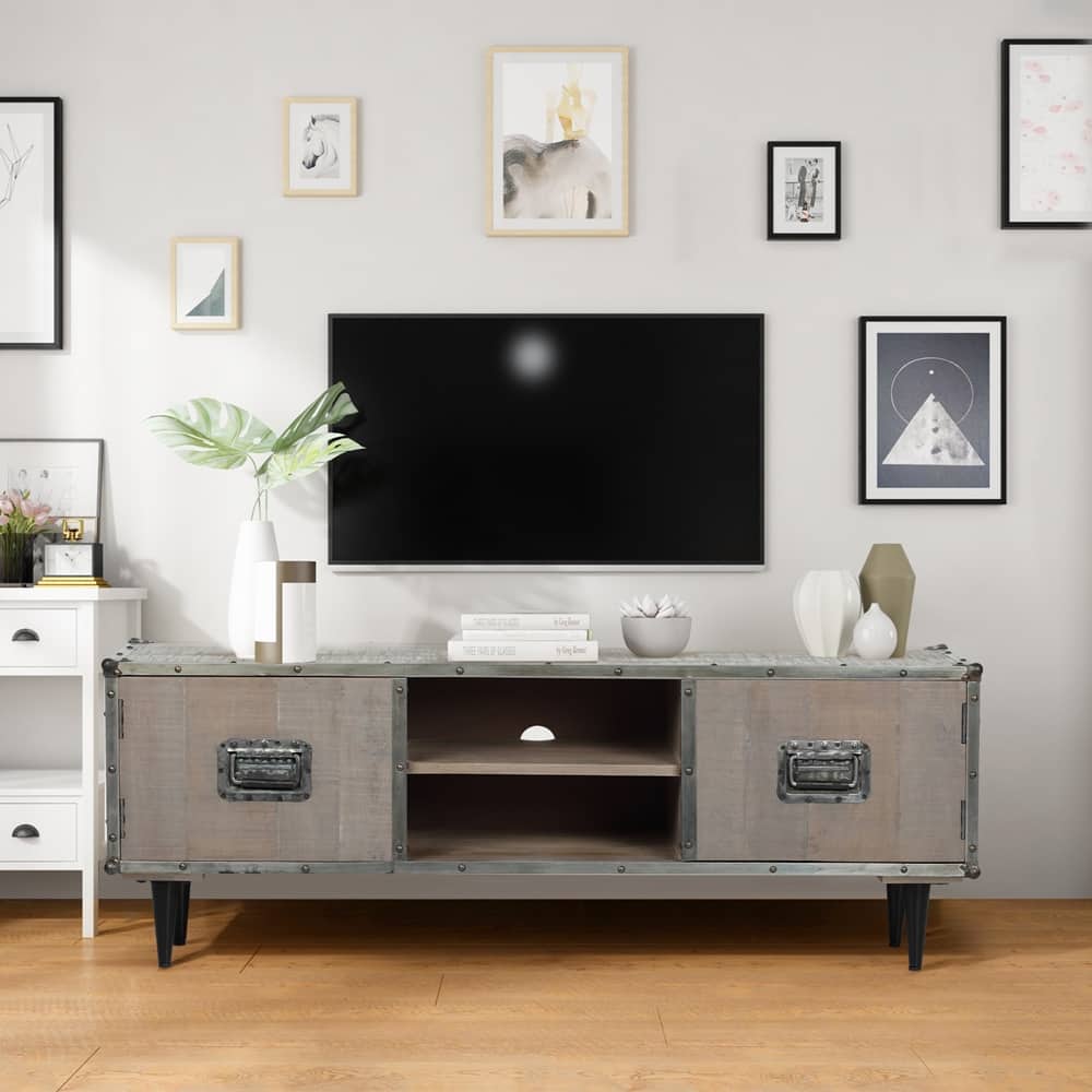 ExBrite Solid Wood Media Console 2 Doors Back Black Metal Legs for TV Table Bench Stand,Gray Wash Finish - 59" x 16" x 21"