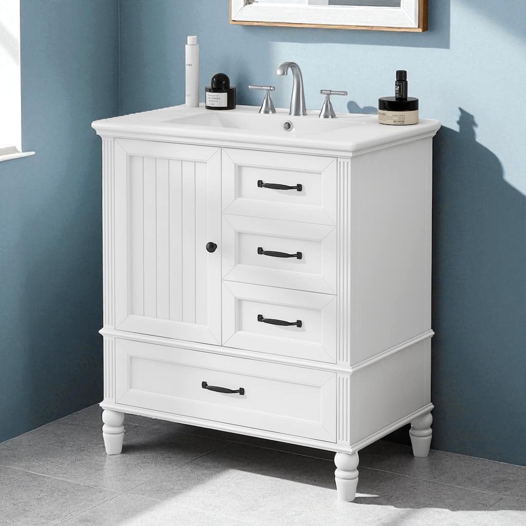 30" Bathroom Vanity with Sink, Freestanding Cabinet with 1 Door and 3 Drawers, Solid Wood Legs, MDF Structure, Soft-Close