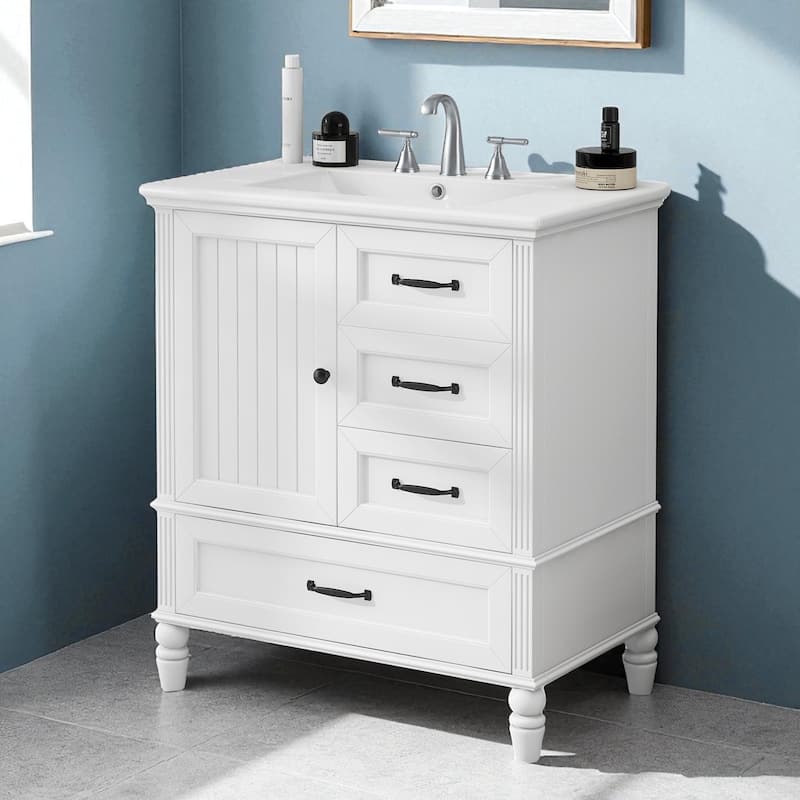 30" Bathroom Vanity with Sink, Freestanding Cabinet with 1 Door and 3 Drawers, Solid Wood Legs, MDF Structure, Soft-Close - White
