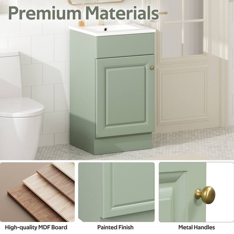 18" Small Bathroom Vanity with Ceramic Sink, Light Green Vanity Cabinet with Adjustable Shelf - 18 Inch