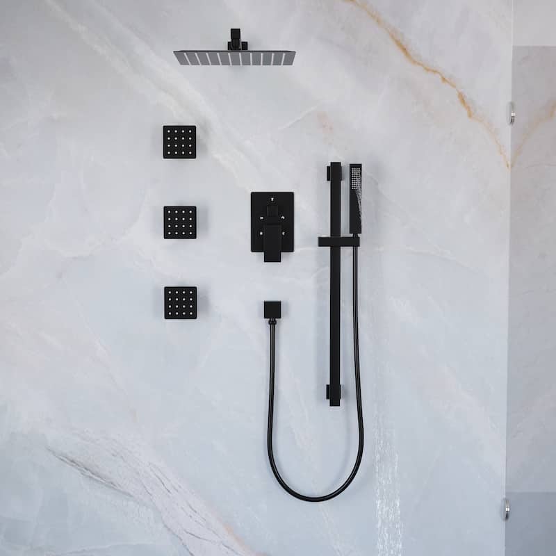 3-Function Shower System With 12" Ultra-Thin Square Shower Head,Body Jets And Hand Shower(Valve Included) - Matte Black