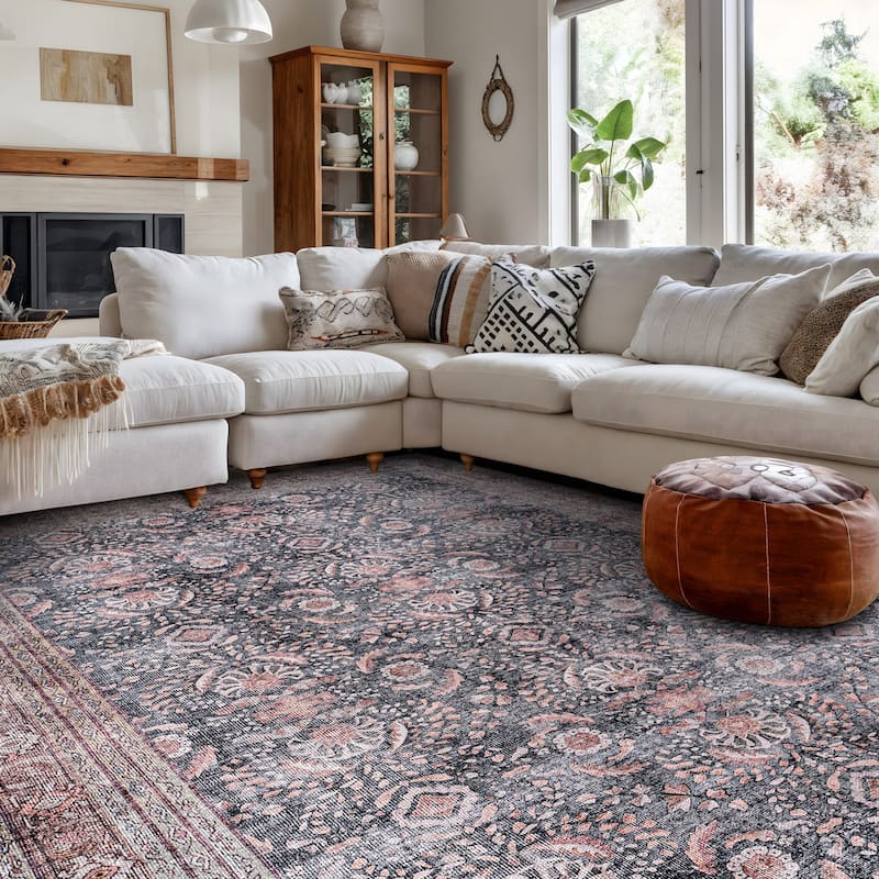 World Rug Gallery Vintage Inspired Machine Washable Non Slip Area Rug - 5' x 7' - Charcoal - Rectangle