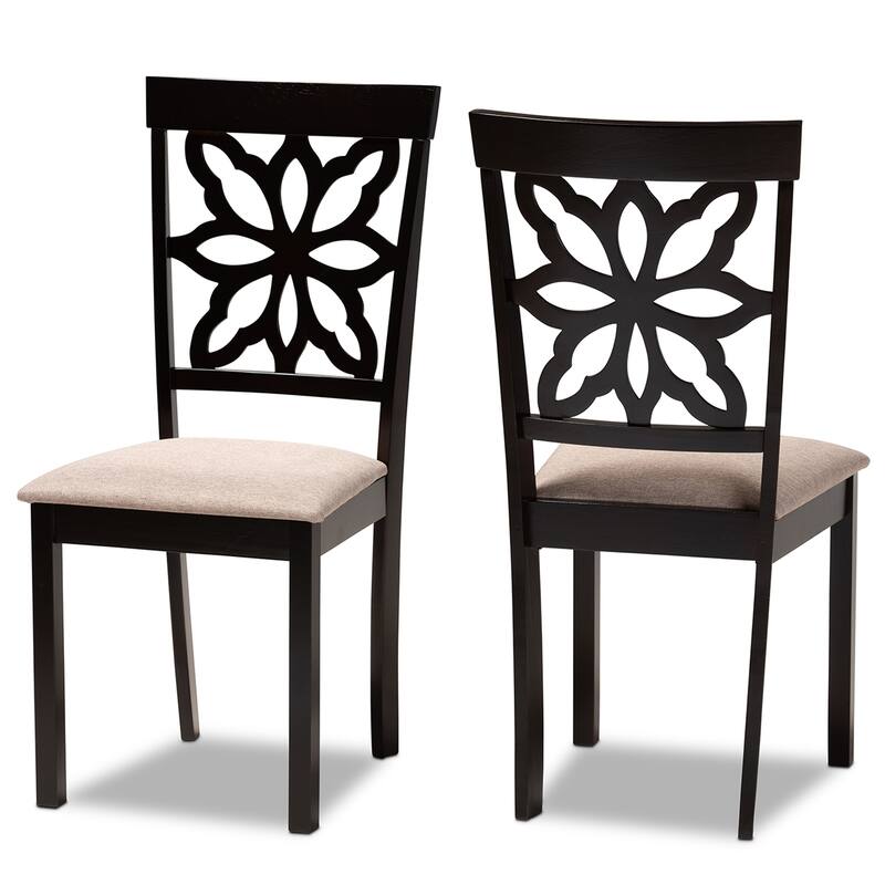 Modern Dining Chair Set - 2 Piece Fabric Upholstered Chairs - Dark Brown Wood Finish