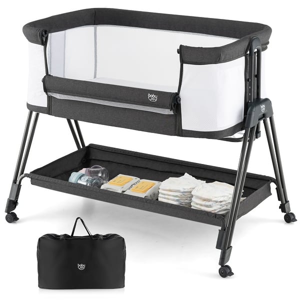 slide 2 of 5, Baby Bedside Folding Bassinet with Wheels & Storage Tray Black + White
