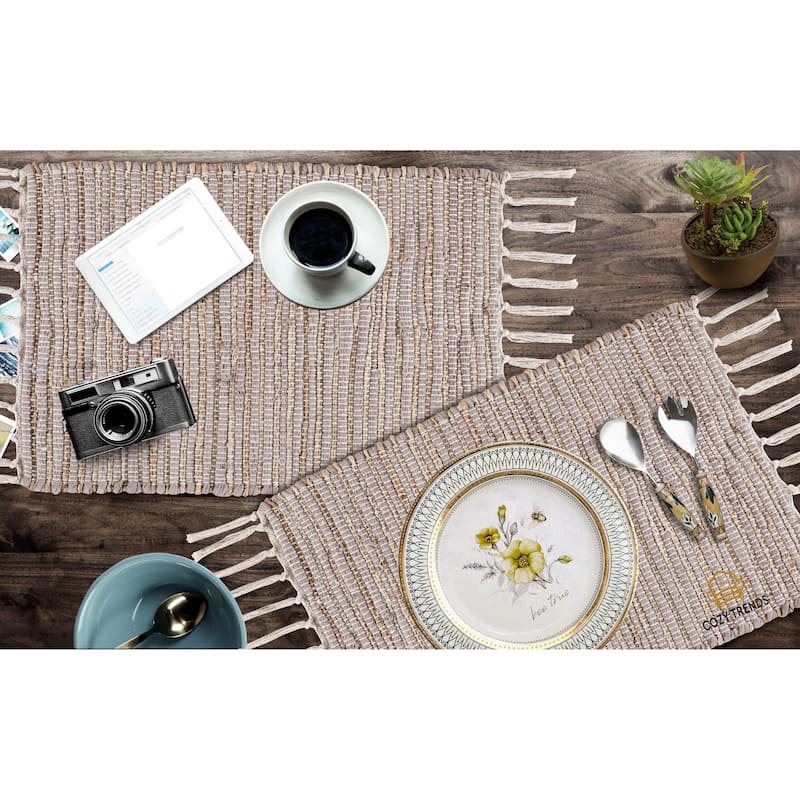 100% Cotton Woven Placemats for Dining Room Rectangle 14''x20'' with Fringes | Set of 6 | Washable - Beige