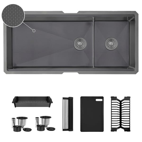 slide 2 of 15, STYLISH 42 inch Stainless Steel 16G 70/30 Double Bowl Workstation Sink Dura-Tek Nano Graphite Black
