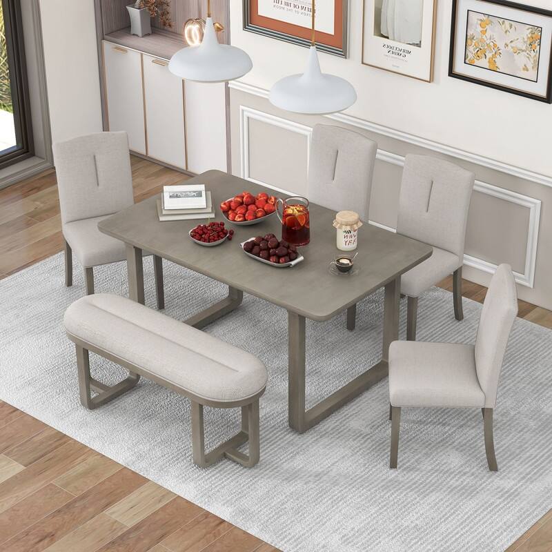6-piece kitchen table, rectangular dining table, 4 upholstered chairs and benches, foam covered backrest and cushions