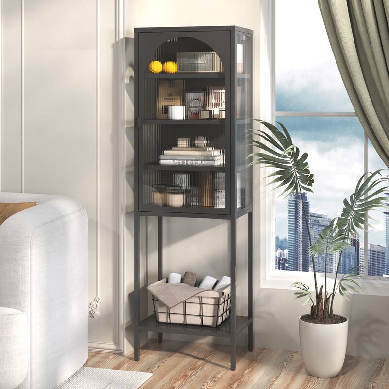 Modern Metal Storage Cabinet with Glass Doors and 3 Adjustable Shelves for Home, Office - Black