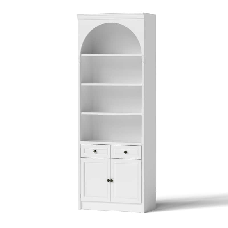 Modular White Bookcase with LED Lights & Glass Doors, 86.6" Tall Arched Display Cabinet Solid WoodStorage Cabinet