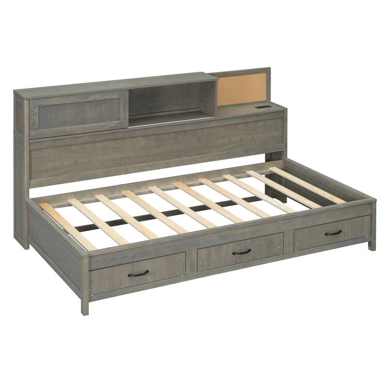 Twin Size Wooden Daybed with Storage Drawers, USB Ports, and Shelf, Gray