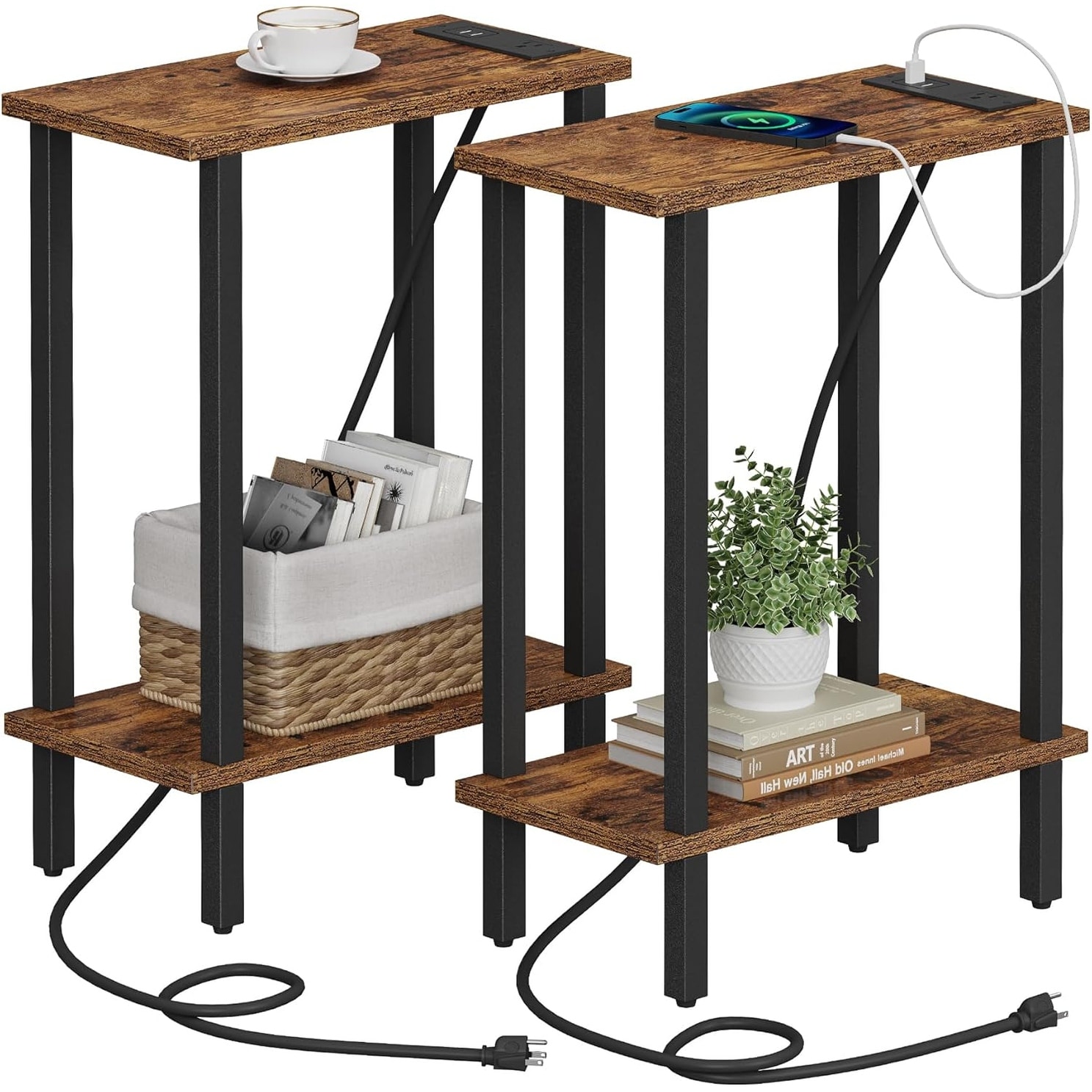 Compact Side Table with Charging Station, USB Ports, and Outlets, 2-Tier Storage, Easy Assembly, Perfect for Small Spaces