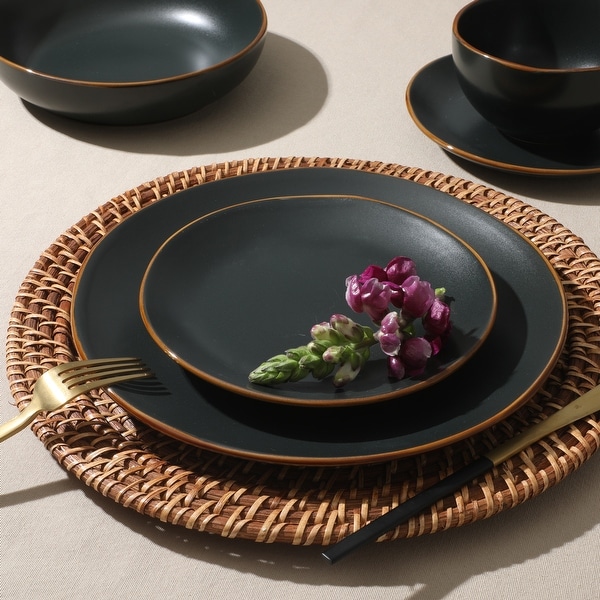 22.5　SALON DE GRES 13078 ブラック&ブラウン　セット Gibson Home Hazeltine 16 Piece Plates and Bowls Dishes Stoneware