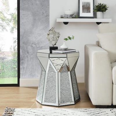 20-Inch Drum Style Coffee Table with Mirror Crystal Inlay
