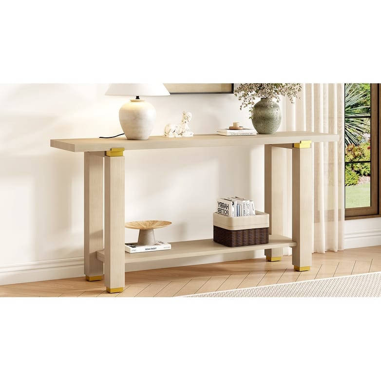 62.9" Modern Minimalist Console Table, Wooden Entryway Sofa Table Rectangular with Built-in Shelf for Living Room