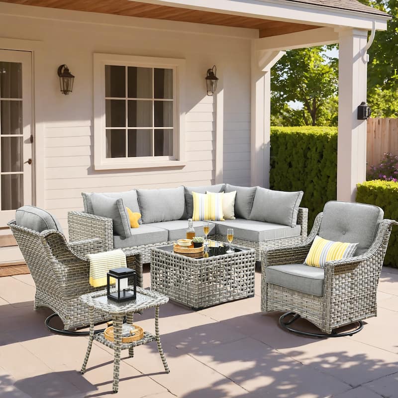 XIZZI 8-piece Rattan Wicker Outdoor Patio Furniture Set with Swivel Chair - Dark Grey