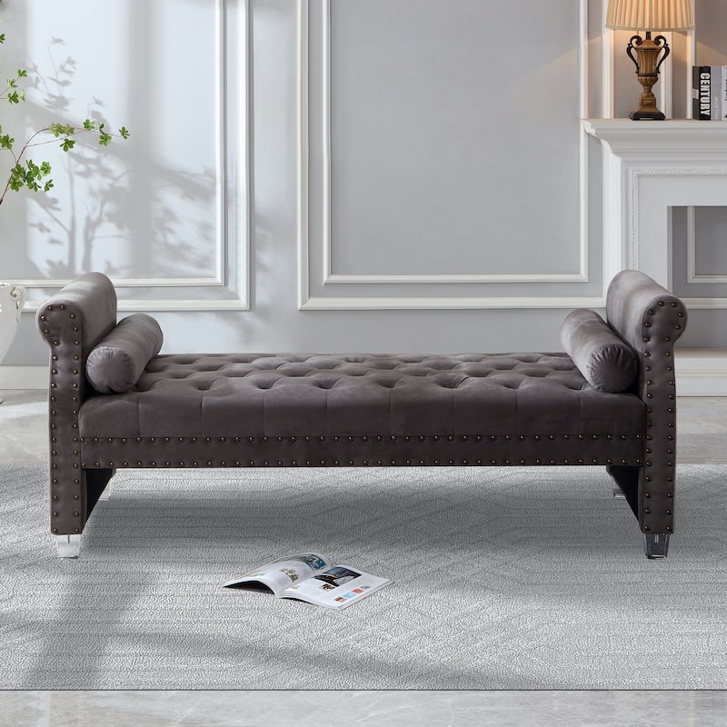 Tiffiany Luxury Tufted Velvet Upholstered Extra Long Bed Bench - Grey