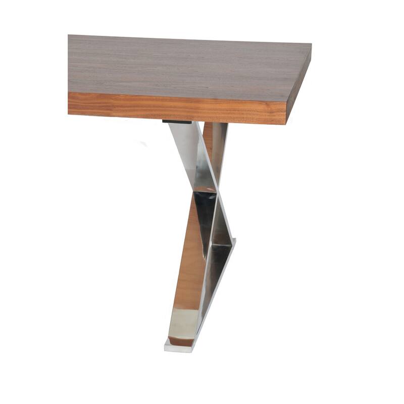 Rix 87 Inch Dining Table, X Chrome Legs, Walnut Brown Rectangular Wood Top