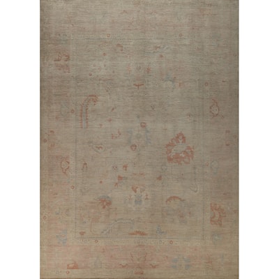 Vegetable Dye Beige Floral Oushak Turkish Rug Handmade Wool Carpet - 9'2" x 12'0"